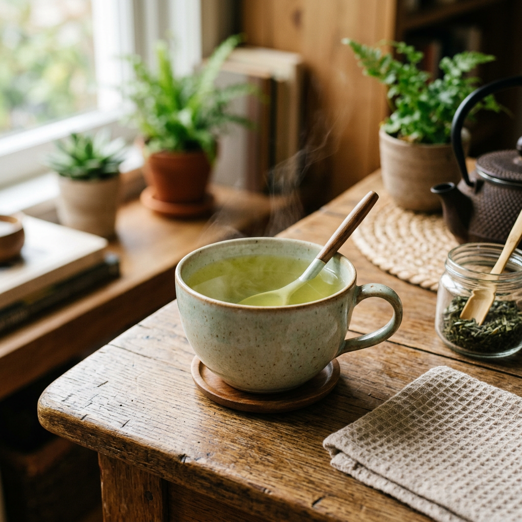 Steaming cup of green tea on a rustic wooden table