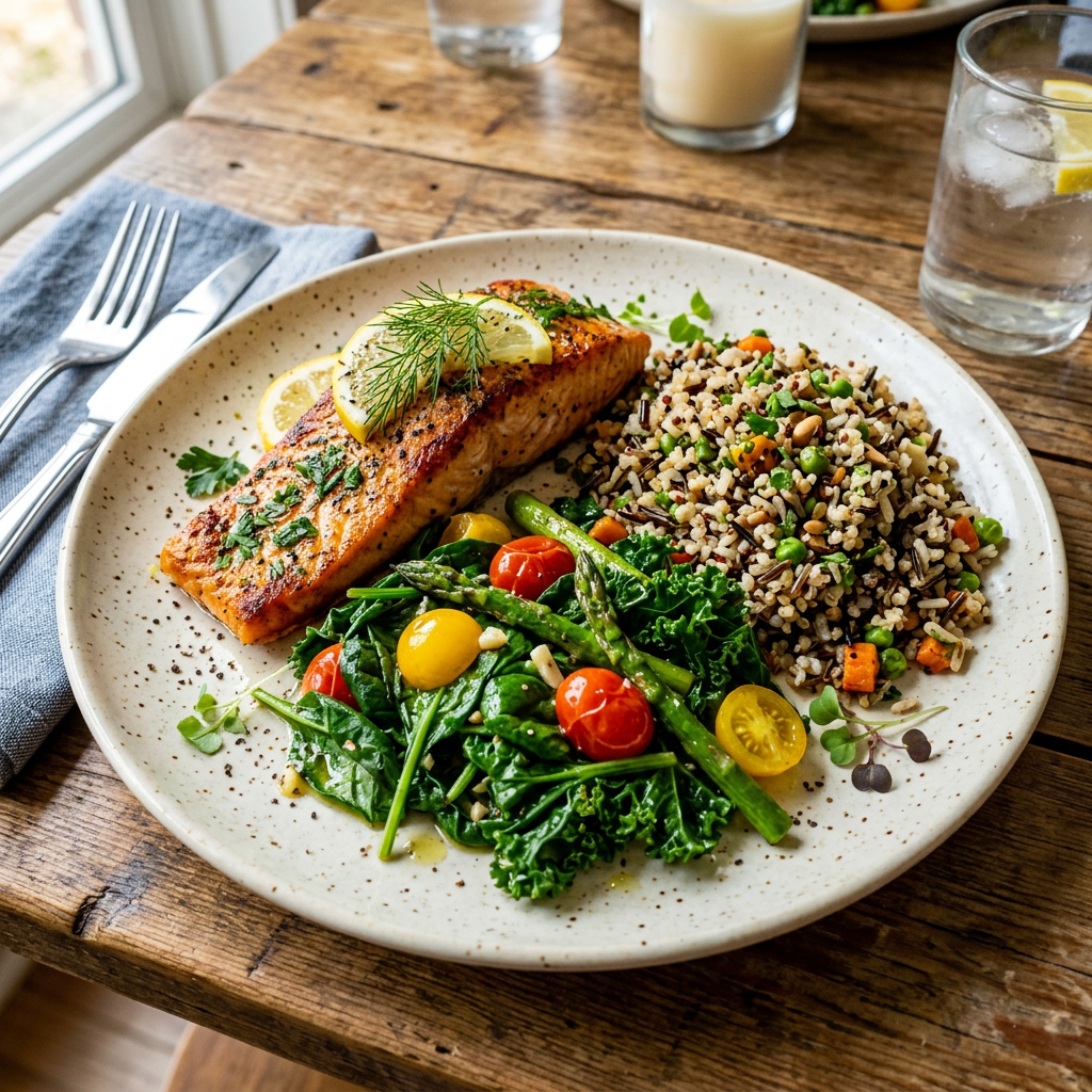 Grilled salmon with lemon, mixed grains, greens, asparagus, and tomatoes